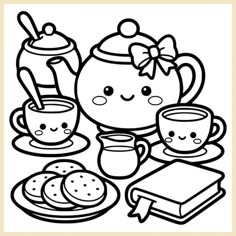 Coloring page from the book: a smiling teapot with a bow, two teacups, a milk jug, cookies and a closed book