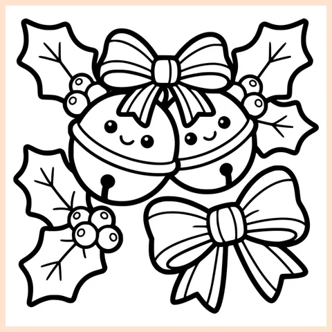 Coloring page from the book: two smiling jingle bells with ribbon bows, holly leaves and berries