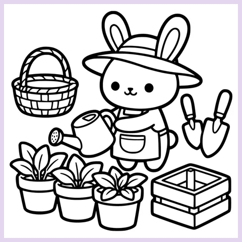 Coloring page from the book: the bunny gardener with a watering can, a trowel, a basket, potted plants and a crate