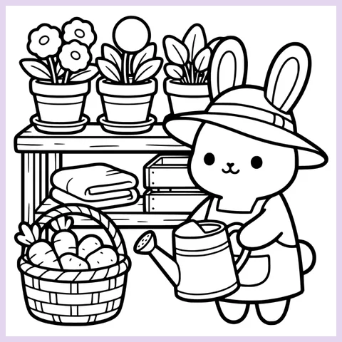 Coloring page from the book: the bunny gardener at a plant stand of flowerpots, with a watering can and a harvest basket