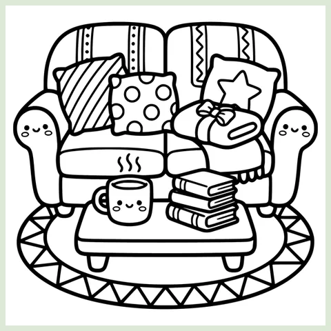 Coloring page from the book: a sofa with patterned cushions and a throw, and a coffee table with a mug and books