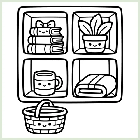Coloring page from the book: a wall unit with four cubbies holding books, a plant, a mug and a folded blanket