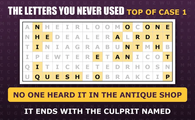 Top rows of the first case with the unused letters highlighted, beginning a hidden sentence