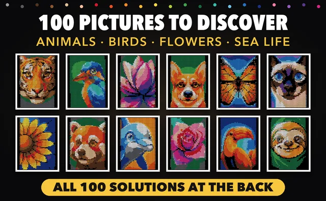 Twelve finished pictures from the book, including a tiger, a kingfisher, a lotus and a corgi