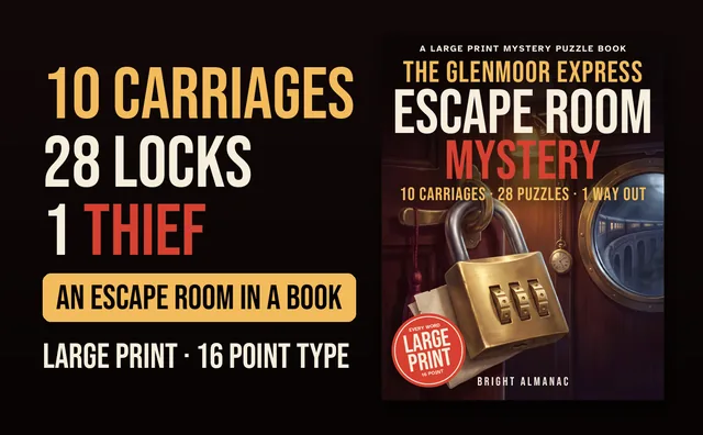Book cover beside the words 10 carriages, 28 locks, 1 thief, an escape room in a book, large print 16 point type