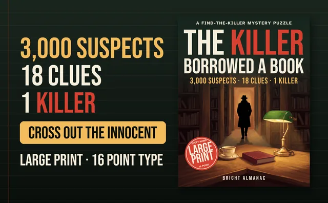Book cover beside the words 3,000 suspects, 18 clues, 1 killer, cross out the innocent, large print 16 point type