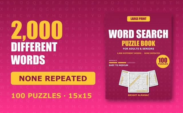 Book cover beside the words 2,000 different words, none repeated, 100 puzzles, 15x15